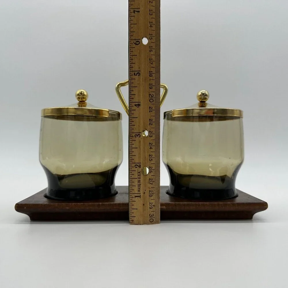Vintage Condiment Serving Dish Wood Tray Smokey Glass Bowls Retro Gold Brown - Picture 8 of 9